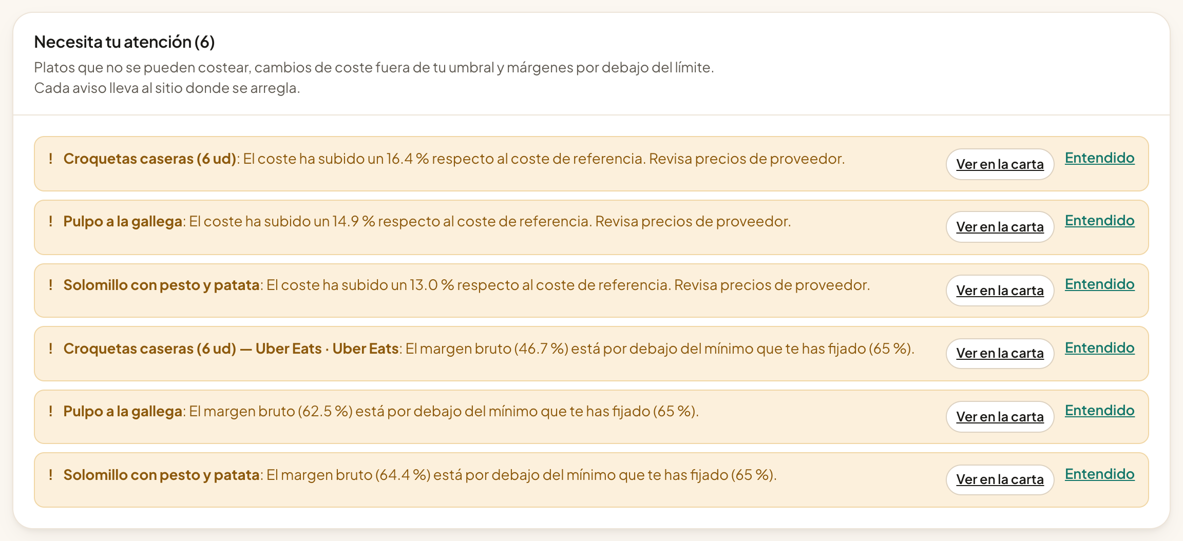 Avisos de Alexia: platos cuyo coste ha subido y márgenes por debajo del mínimo