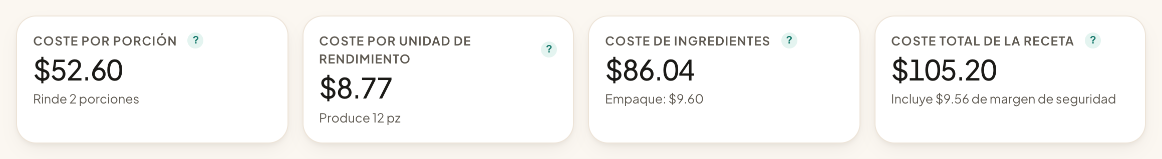 Coste por porción, por unidad, de ingredientes y total de una receta